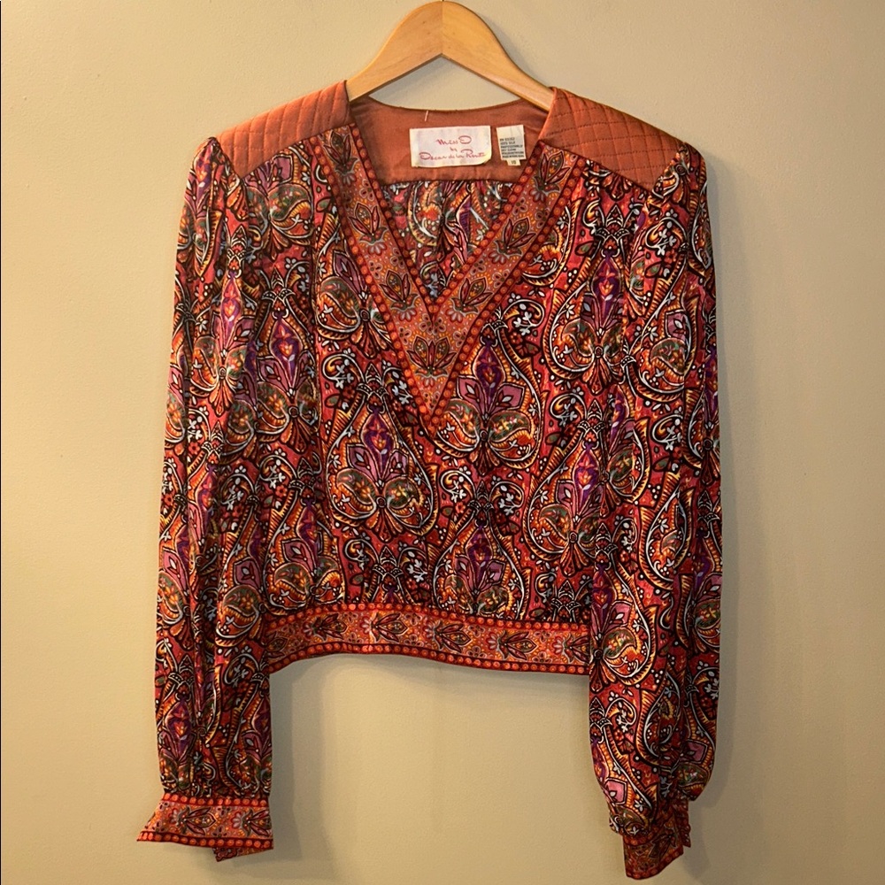 Oscar de la Renta Miss O Silk Paisley Boho Blouse Shoulder Pad Top